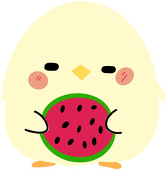 Adorable Cream-Colored Cartoon Chick Holding a Juicy Red Watermelon Slice in Summer, Cute Kawaii Animal Character Illustration for Seasonal and Children's Content