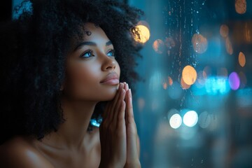Christian woman praying for God's blessings, reflecting on faith and seeking guidance in a peaceful, spiritual moment, Generative AI