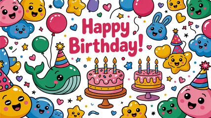 Obraz premium Kawaii-style birthday party with adorable cartoon animals, balloons, cake, gifts, and decorations on white background