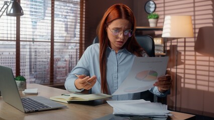 Stressed Caucasian woman businesswoman girl female business manager employer working laptop at...