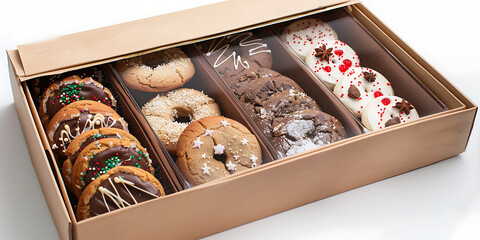 Box of assorted donuts with sprinkles and chocolate toppings

