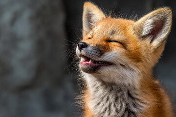 Fototapeta premium Joyful expression captured in a young animal, showcasing pure happiness with closed eyes and an adorable smile during a sunny day in a natural setting