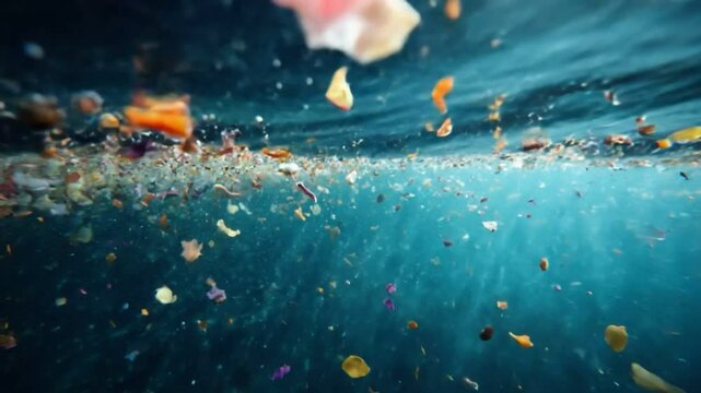 Pollution in Ocean: A haunting image of the ocean's surface, where floating debris and remnants of human waste tell a story of environmental concern and underscore the pressing need for change