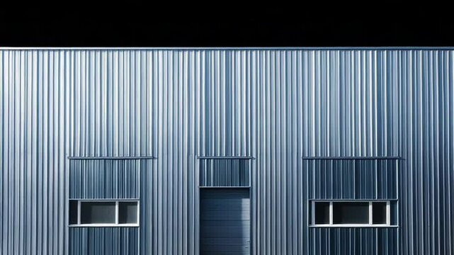 Modern industrial building exterior with metal siding, windows, and loading dock door