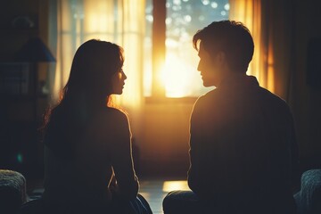 Asian couple facing relationship issues, the wife feeling sadness and stopping the husband from talking after a quarrel at home, Generative AI