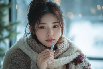 Sick day at home during winter season, young Asian woman with a fever checking her thermometer and measuring her  temperature to monitor illness, Generative AI