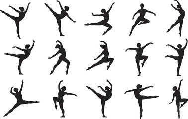 Silhouettes of ballet dancers in motion, elegant dance poses, black and white dance figures, modern performance art, vector illustration set