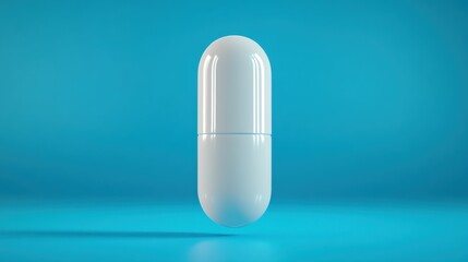 Floating white medicine pill tablet on blue background health concept digital image calm environment close-up view