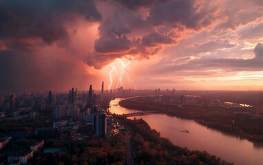 Dramatic lightning storm over city skyline at sunset