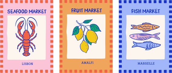 Mediterranean, Italian style poster design. Lobster, sardines, lemons and seafood images. Retro, vintage modern style illustrations for prints, menu, cards, postcards, invitations, t shirt vector