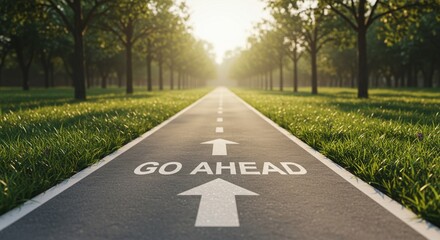 Go Ahead inscription on asphalt path, encouraging direction in a serene park environment, conveying motivation and optimism.