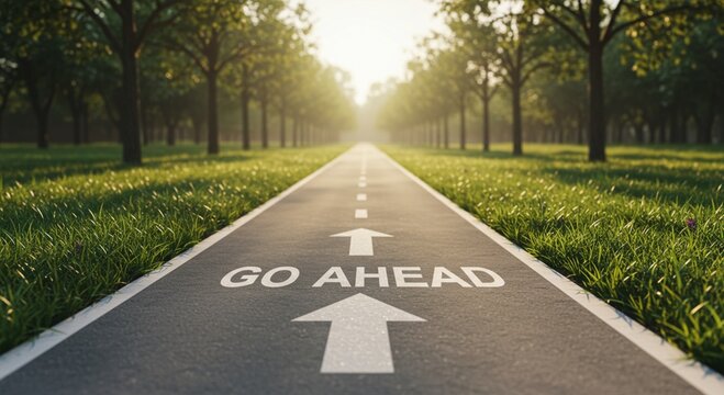 Go Ahead inscription on asphalt path, encouraging direction in a serene park environment, conveying motivation and optimism.