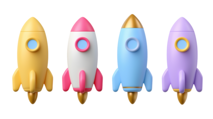 3D Colorful rockets ready for takeoff isolated on white background