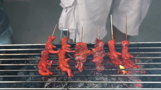 Grilled Chicken Feet and Meat Skewers on Hot Charcoal Grill in the Philippines