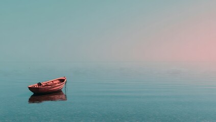 Naklejka premium Solitary Rowboat on a Tranquil, Misty Waterscape
