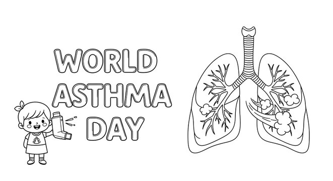 World asthma day illustration with a child using an inhaler and lungs isolated on transparent background - Powered by Adobe