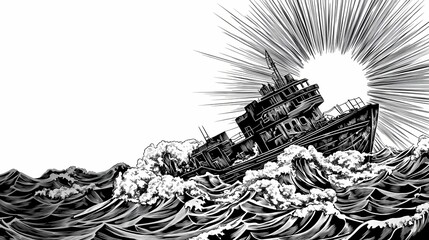Ship battling rough seas in a dramatic scene.