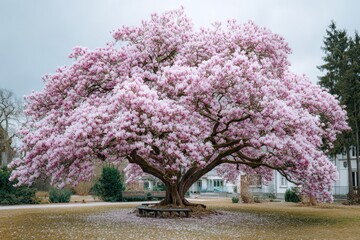 Blooming magnolia tree in springtime garden with pink flowers and lush greenery