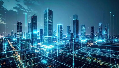 Obraz premium Futuristic city at night, interconnected network