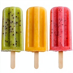 Colorful fruit popsicles on wooden sticks for a refreshing treat.