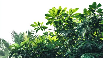 Dense tropical bush composition with overlapping greenery, including vibrant exotic leaves, rich shadows, clean isolation on white background for advertising backdrops