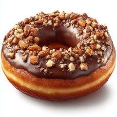 Delicious chocolate donut topped with crunchy nuts.