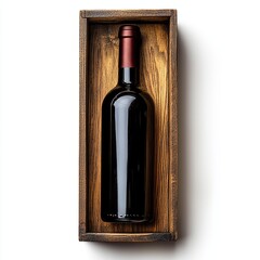 Elegant wine bottle displayed in a rustic wooden box.