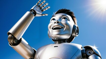 Naklejka premium gleaming metal robot gazing joyfully at bright blue sky for use in technology, robotics, or optimistic future concept visuals