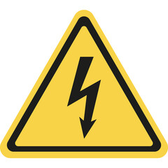 Yellow warning triangle icon with dangerous voltage in PNG format. Warning sign with black lightning in yellow triangle.
