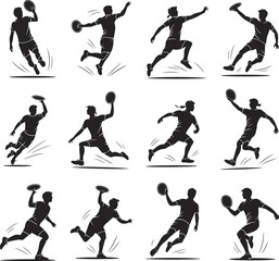 Dynamic handball player silhouettes in various action poses, jumping, throwing, running, and catching, energetic sports movement illustrations for active lifestyle and team game concept