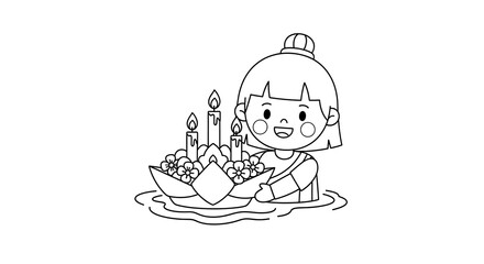 Cute cartoon girl with a traditional krathong and candles isolated on transparent background