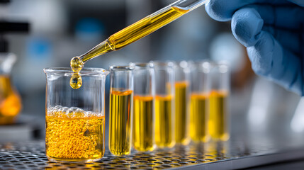 A laboratory technician performs quality control testing of enriched uranium using pipettes and test tubes filled with yellow liquid for analysis and inspection