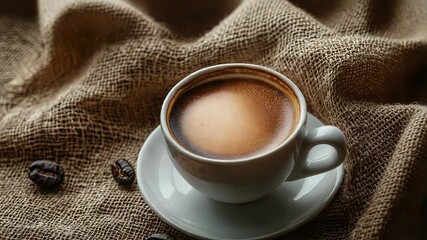 Hot coffee being poured into white cup on burlap sack with coffee beans - Powered by Adobe