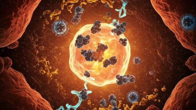 Viral Infection: Cell Under Attack - Microscopic view of a cell under attack by numerous viruses. Orange and blue viruses surround and invade a glowing, orange cell, creating a dramatic visual