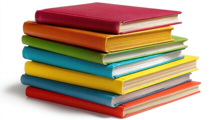 Stack of colorful hardcover books in vibrant shades like red, blue, green, and yellow, neatly arranged and isolated on a clean white background, high-resolution education concept
