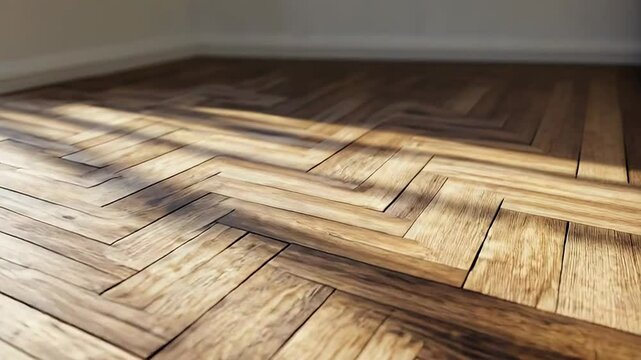 Sunlight illuminating empty room with herringbone parquet floor