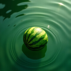 Graphic Poster &ndash; Watermelon Submerged in Green Rippling Water, Summer Zen Concept