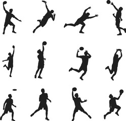 Silhouette of male handball players in various action poses, jumping, throwing, catching, and running, isolated on white background, dynamic sports movement