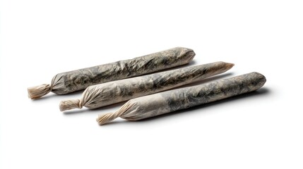 Four hand-rolled marijuana joints aligned in parallel, realistic paper texture with twisted ends, slightly shadowed, isolated on clean white background with large copy space