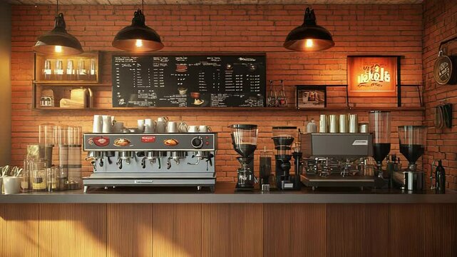 Sunlight illuminating modern coffee shop interior with professional equipment