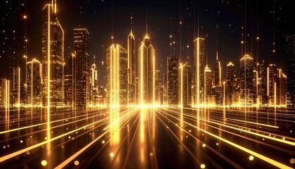 Futuristic city at night with golden light trails