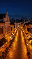 Fototapeta premium Night View of Charming Colonial Street in Melaka, Malaysia: Illuminated Cobblestone Lane with Historic Buildings and Starry Sky