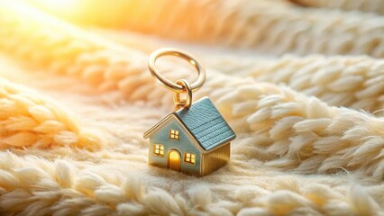 Golden House Key Charm on Soft Plush Fabric, Symbolizing Cozy Home Ownership and Security