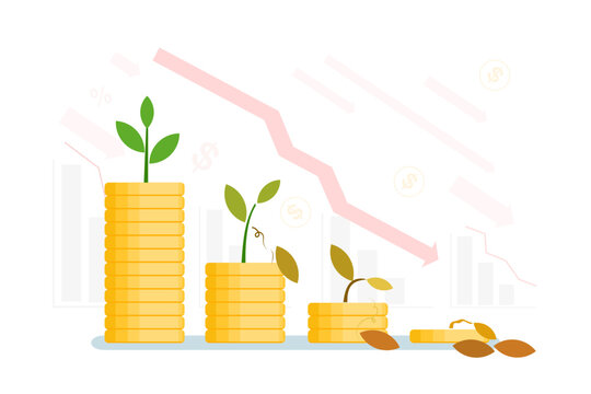 Flat style illustration of financial downturn. Stacks of coins with withering plants represent economic decline, falling profits, and poor investment growth.
