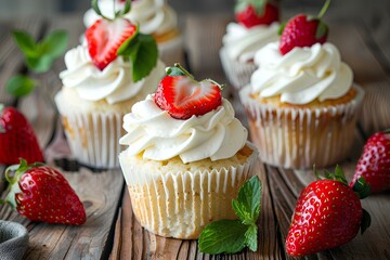 Fresh Strawberry Cupcakes with Cream Topping