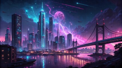 Fototapeta premium Futuristic cityscape with neon lights and cosmic sky