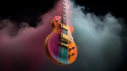 Orange electric guitar with colorful thick smoke on dark background