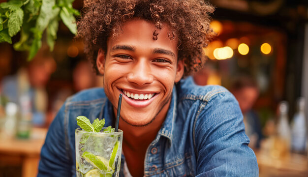 Smiling young man enjoys a refreshing mojito on a sunny afternoon at a lively outdoor cafe filled with friends and laughter, capturing a moment of pure joy and relaxation
