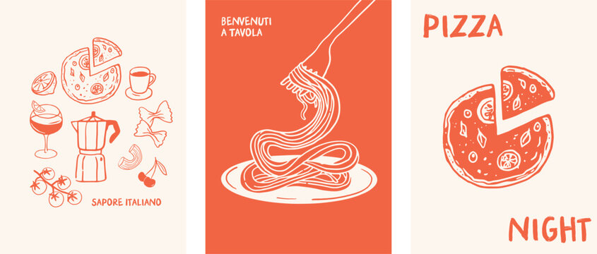 Italian food, pizza, pasta, spaghetti, wine, tomatoes and espresso illustrations. Posters, cards, party invitations, t shirt print, sticker or menu design and illustration