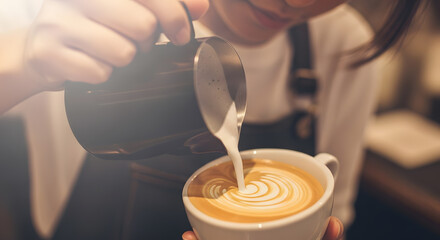 Close-up of Barista Pouring Milk to Make Latte Art in Coffee Cup